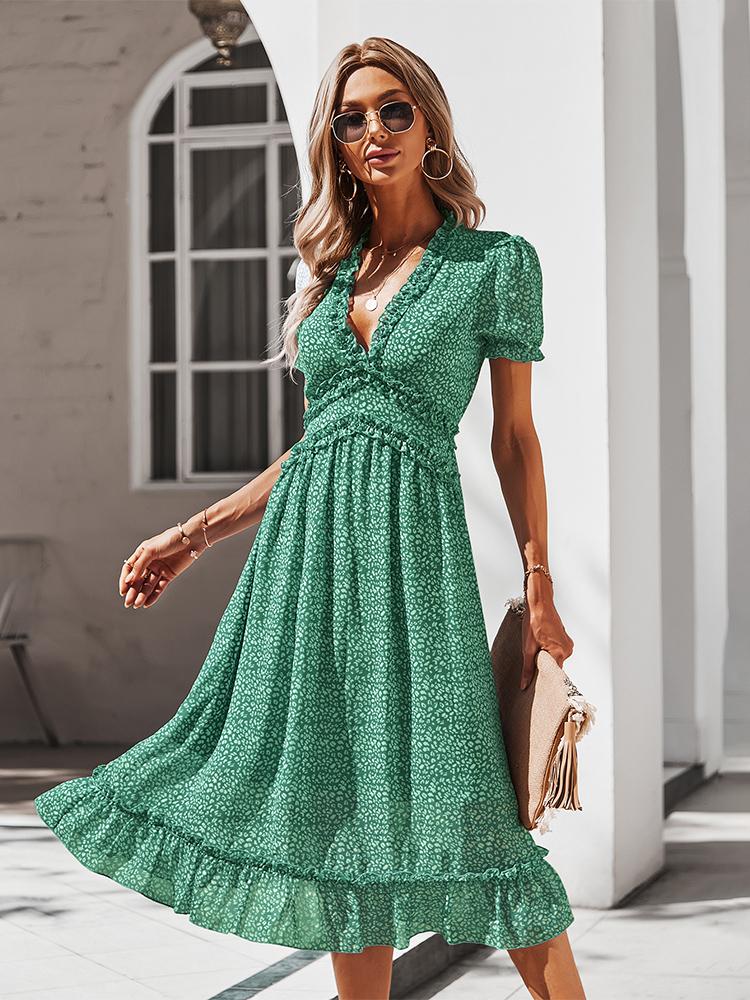 Robe Maxi à Pois Col en V Manches Courtes et Taille Haute