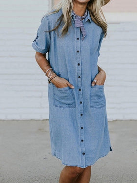 Robe Chemise en Denim avec Poche Boutonnée Revers