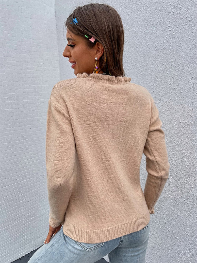 Pull Boutonné en Tricot Manches Longues et Col en V