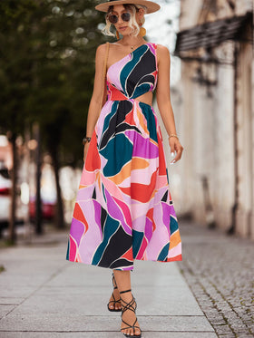 Robe Mi-Longue Evasée Sans Manches Imprimée Floral à Une Epaule