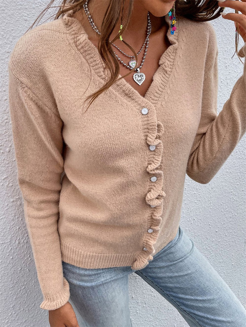 Pull Boutonné en Tricot Manches Longues et Col en V