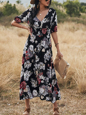 Robe Longue Manches Courtes et Col en V Floral