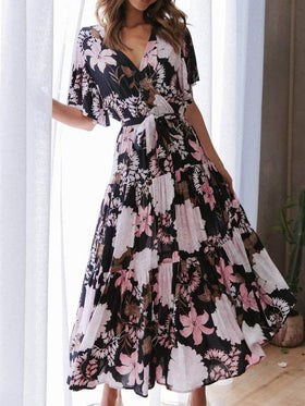 Robe Longue Floral Manches Courtes Col V