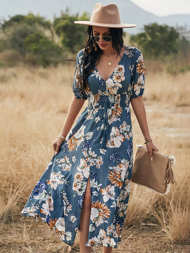 Robe Longue Floral à Manches Courtes et Col en V