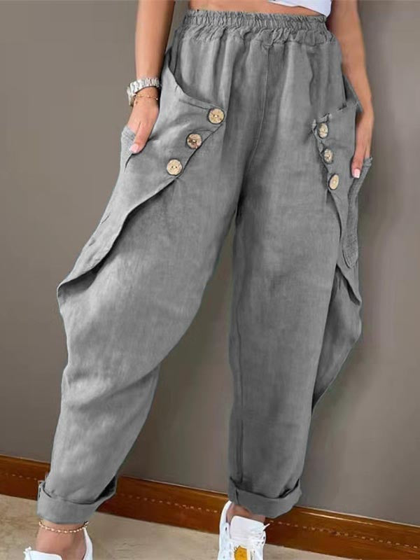 Side Pocket Elastic Waist Solid Color Long Pants