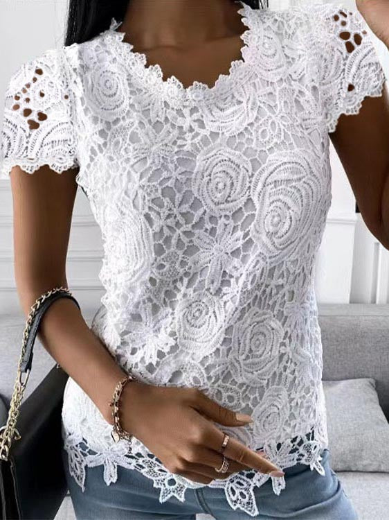 Fashion Short Sleeve Lace Round Neck Top