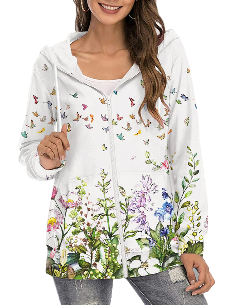 Sweat à Capuche Zippé Manches Longues Imprimé FloralMode