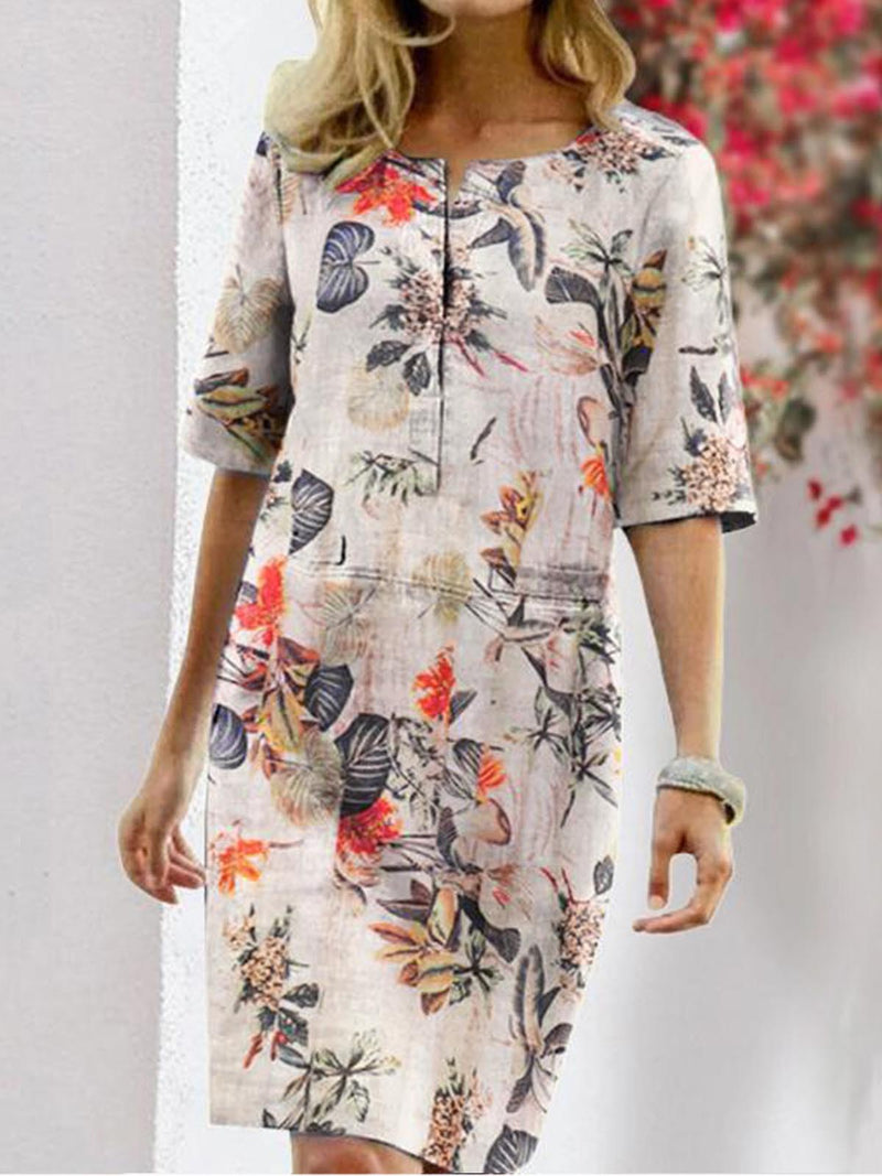 Robe Midi Col Rond Manches Courtes à Fleurs