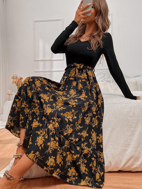 Robe Maxi Fleurie Décontractée Manches Longues