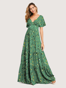 Robe Maxi Fleurie Manches Courtes Col en V Vert de Mer Clair