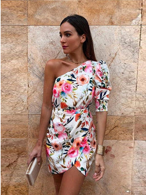 Robe Courte Floral Une Épaule