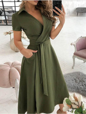 Robe Midi Manches Courtes Col en V Croisé