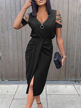 Zip Up Cold Shoulder Front Split Midi Dress