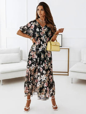 Robe Maxi Fleurie Manches Courtes Col en V Croisé