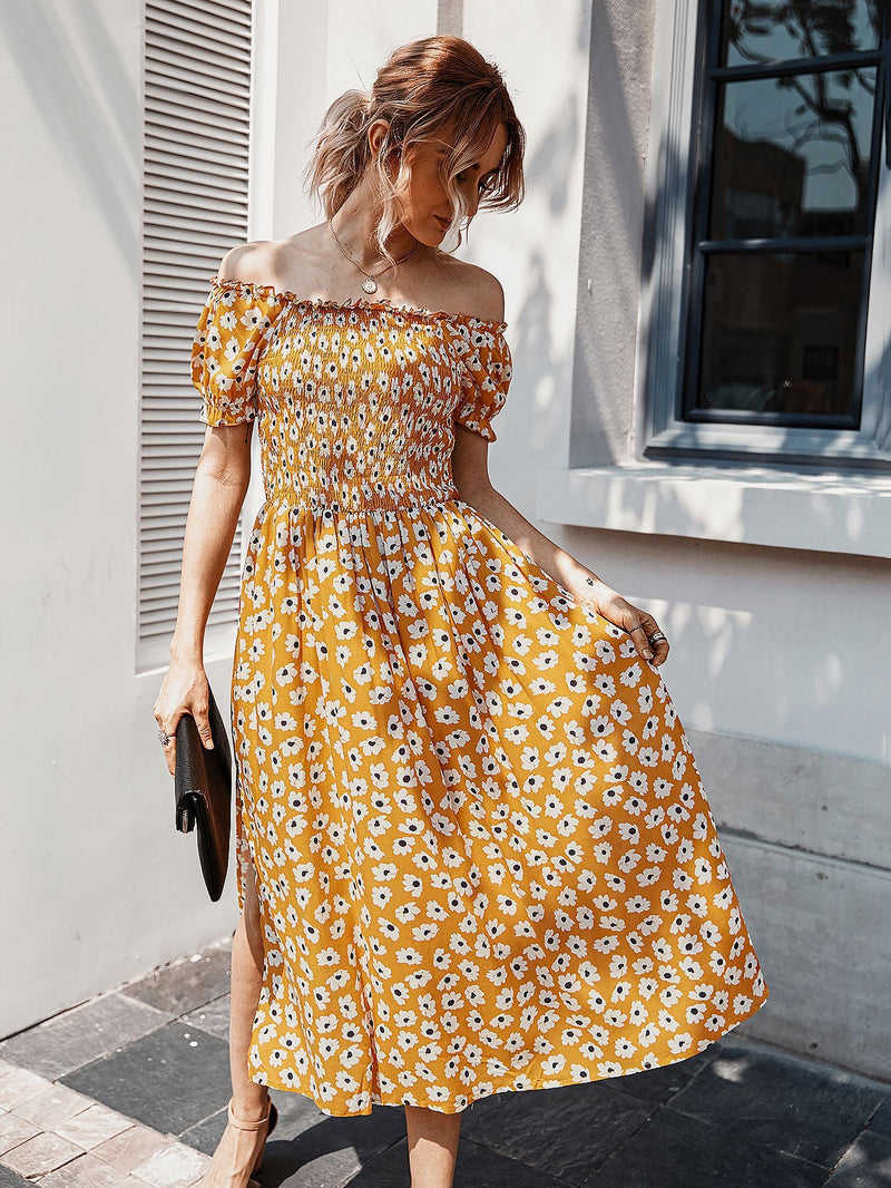 Robe Midi Floral Évasée à Épaules Dénudées