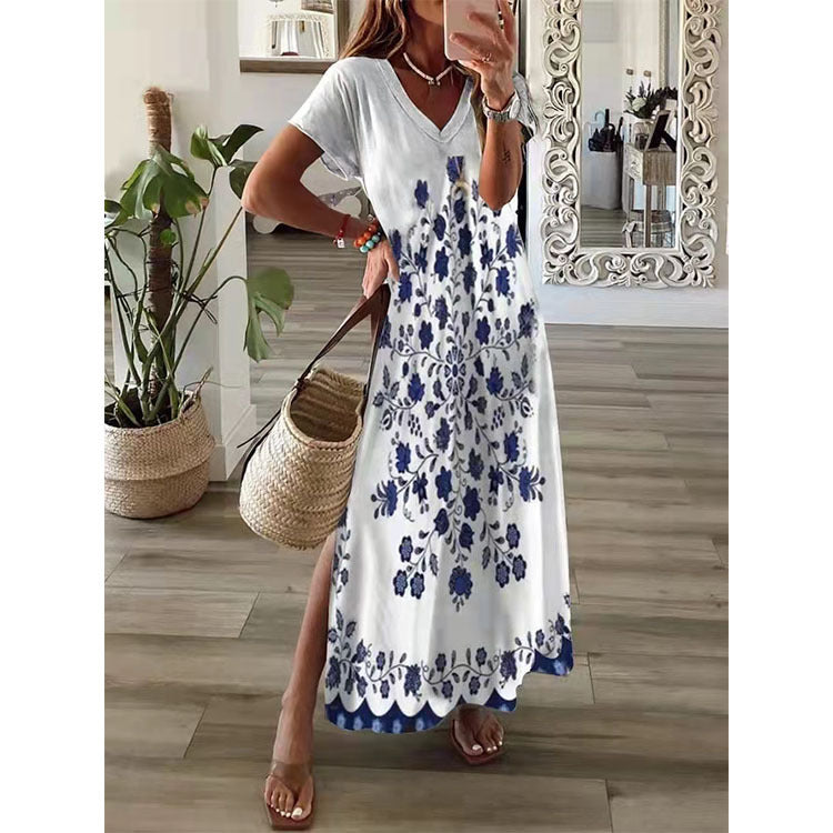 Short Sleeve Side Slit Printed Loose Maxi Dress