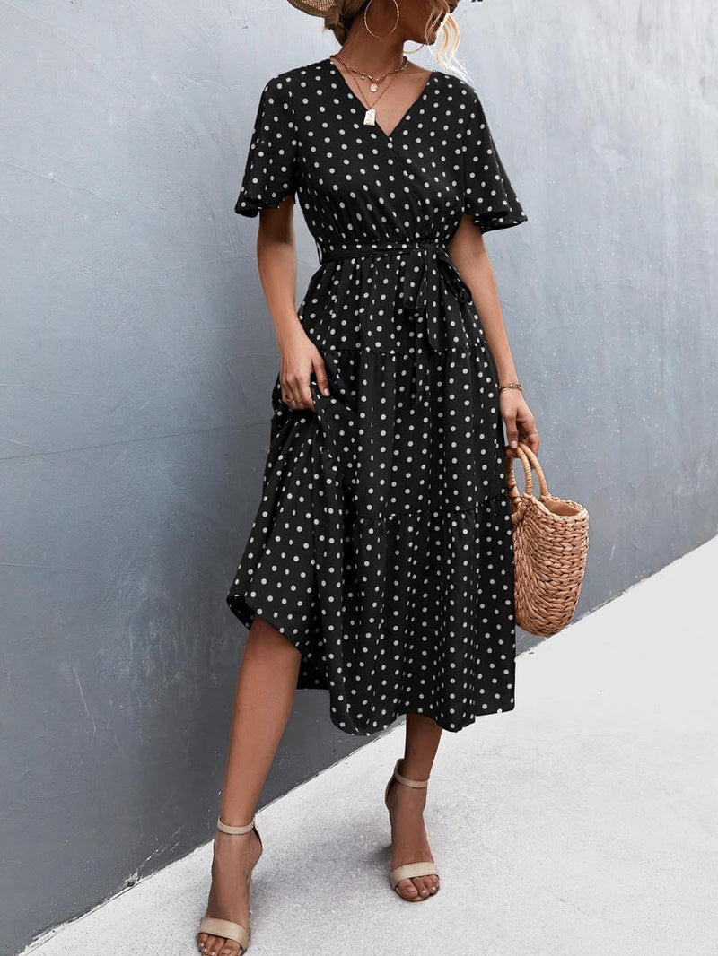 Robe Longue à Pois Col en V Manches Courtes et Taille Élastique