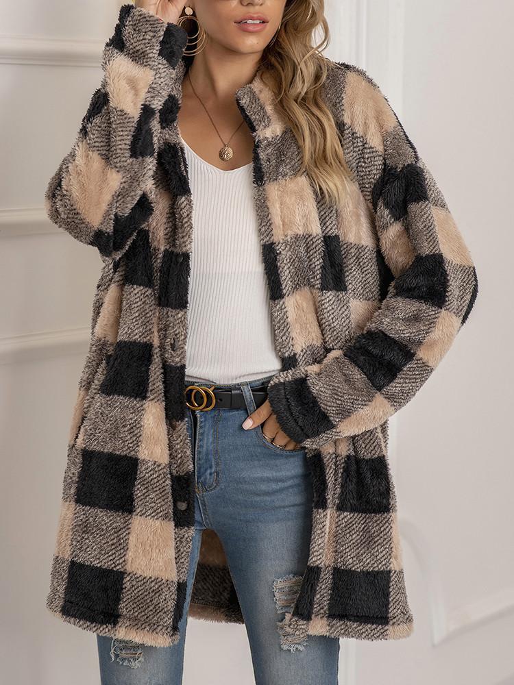 Manteau Ample Carreaux et Revers en Peluche