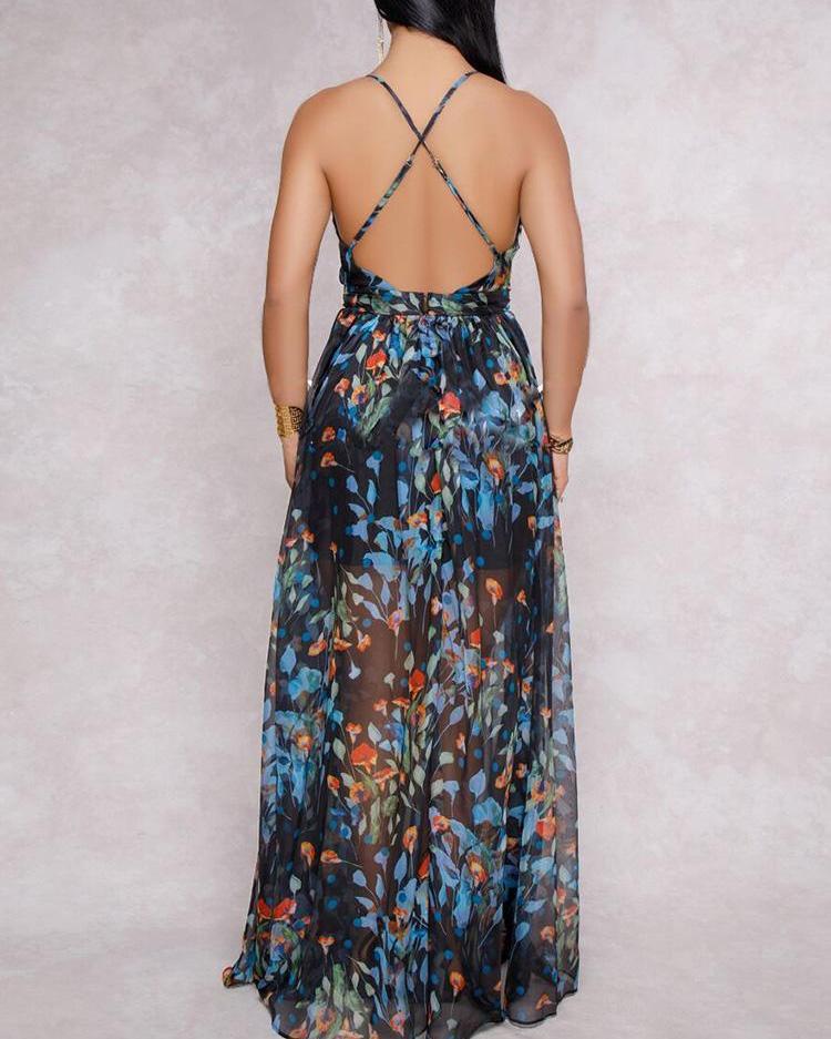 Robe Longue Plissée Dos Nu Imprimé Floral