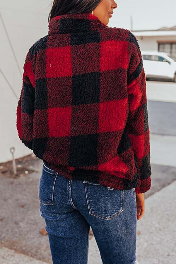 Cozy Holiday Plans Sherpa Plaid Pullover