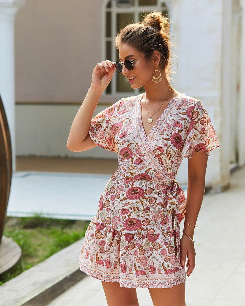 Mini Robe Floral Manches Courtes Boho