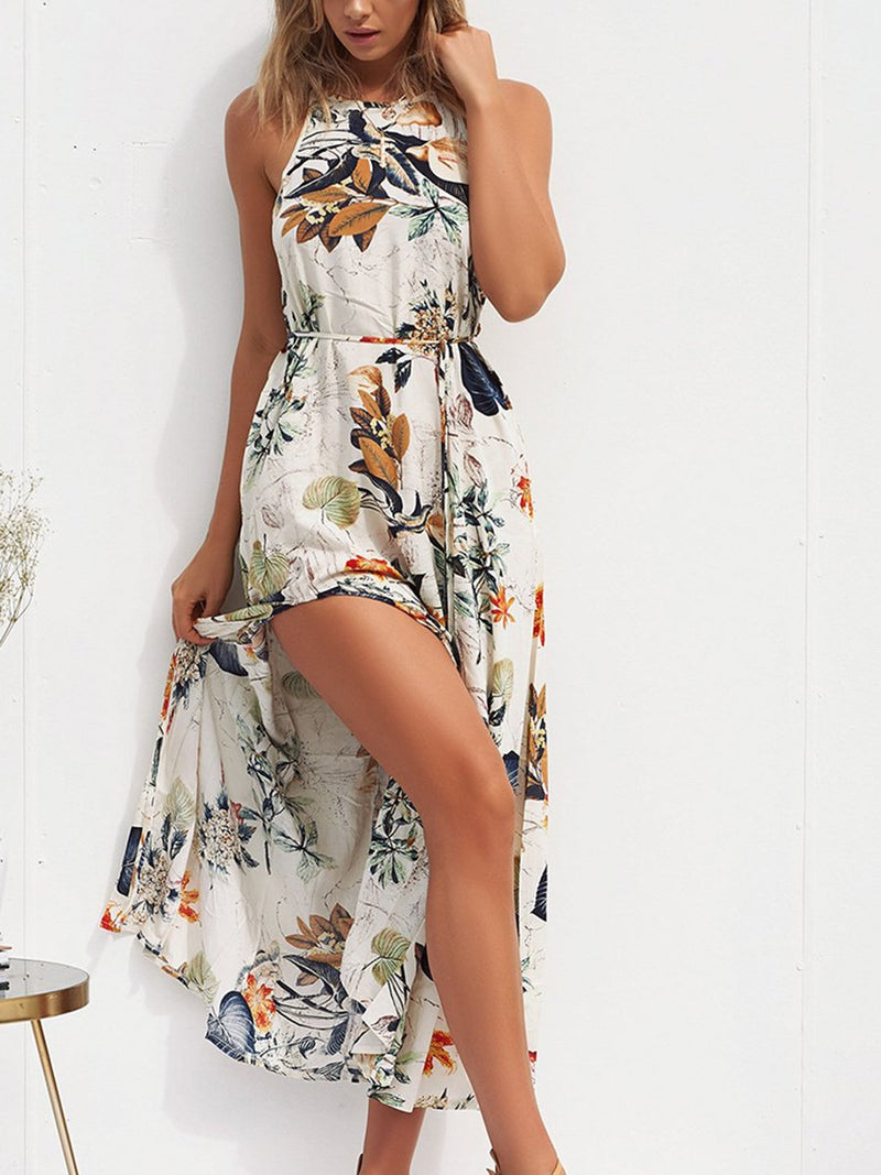 Robe Longue Fendue Sans Manches Floral