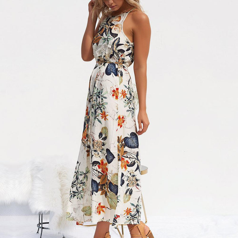 Robe Longue Fendue Sans Manches Floral