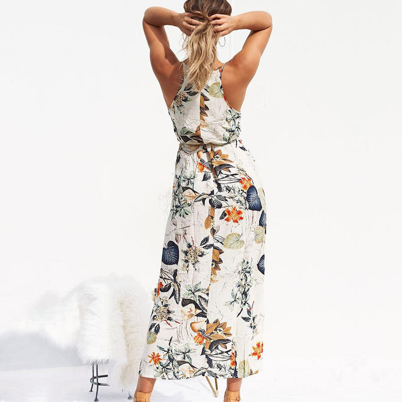 Robe Longue Fendue Sans Manches Floral