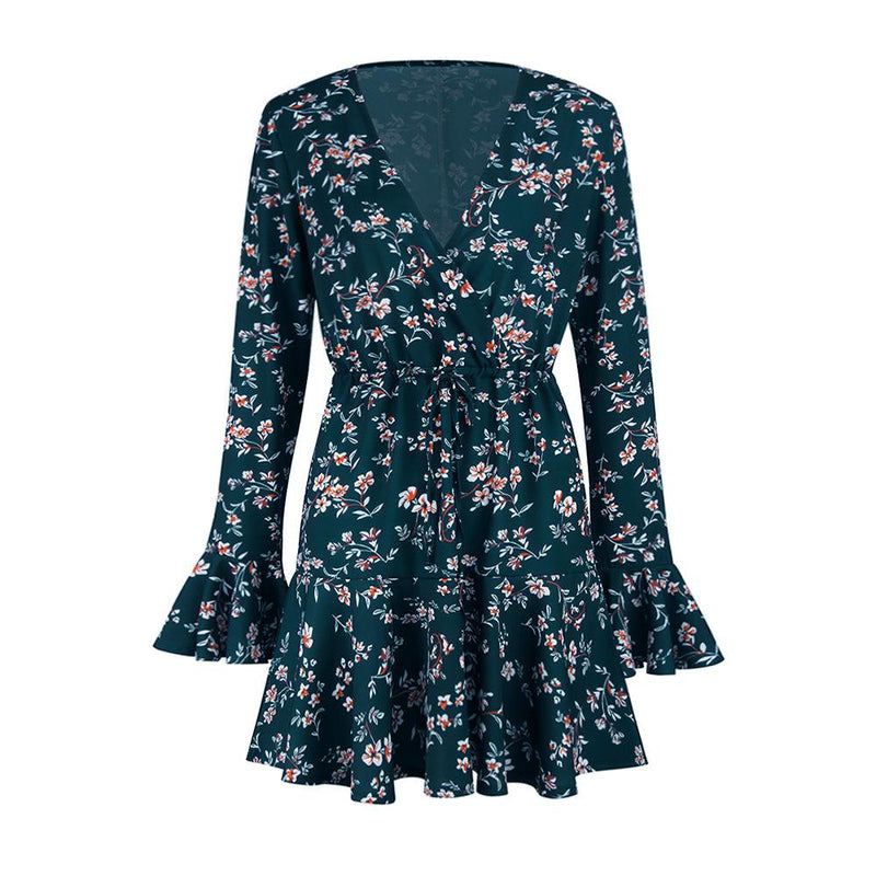 Mini Robe Manches Trompette Col V Floral