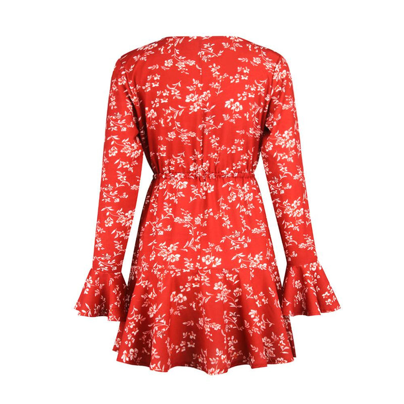 Mini Robe Manches Trompette Col V Floral