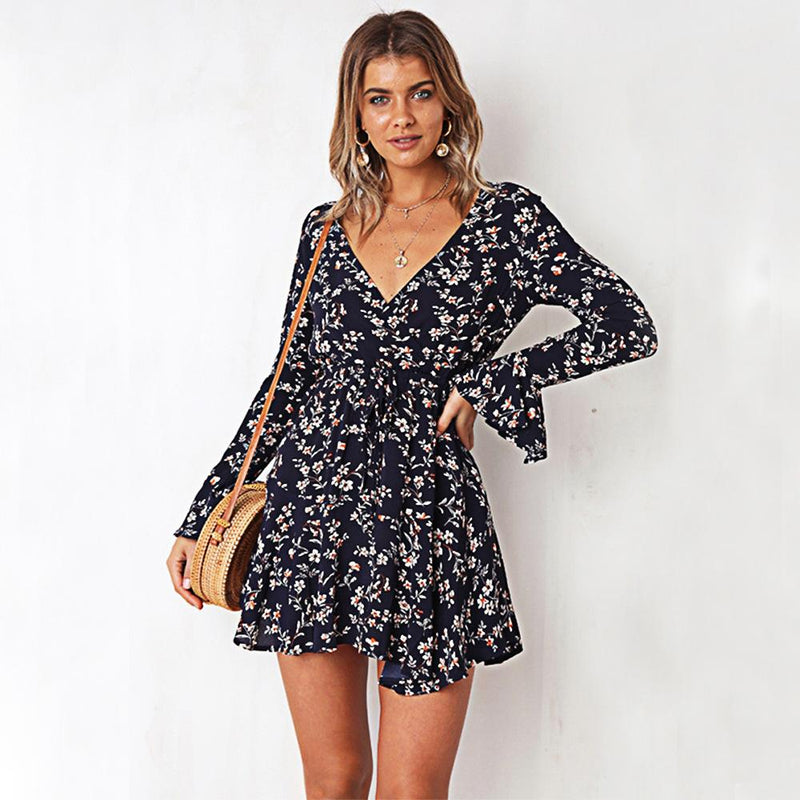 Mini Robe Manches Trompette Col V Floral