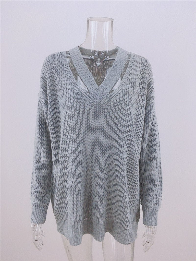 Pull en Tricot Manches Longues et Col V