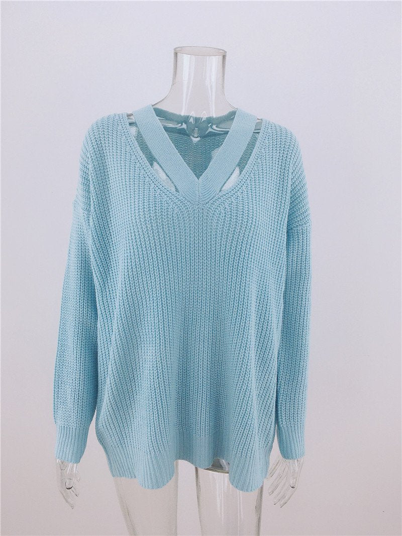 Pull en Tricot Manches Longues et Col V