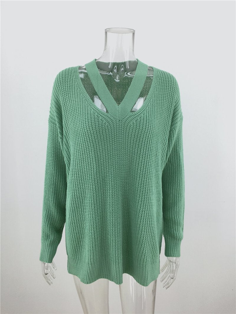 Pull en Tricot Manches Longues et Col V