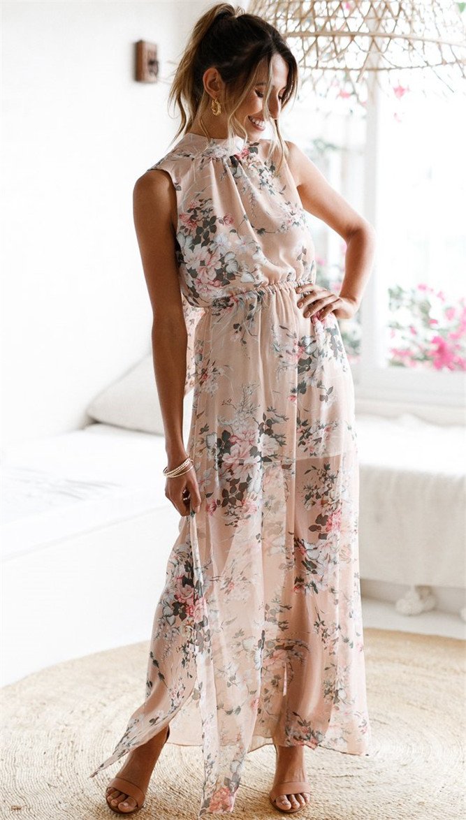 Robe Maxi Longue Fendue Côté Col Rond Sans Manches