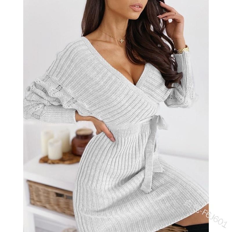 Robe Pull en Tricot Manches Longues Col en V Croisé