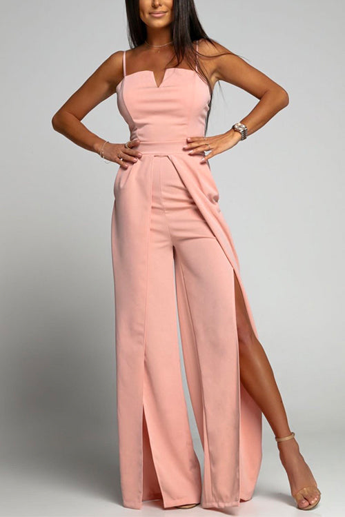 High Waisted Slit Flowy Wide Leg Cami Jumpsuit