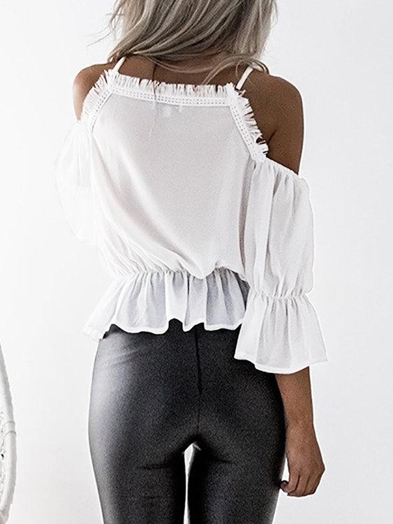 White Lace-up Details Cold Shoulder Tight Waist Blouses