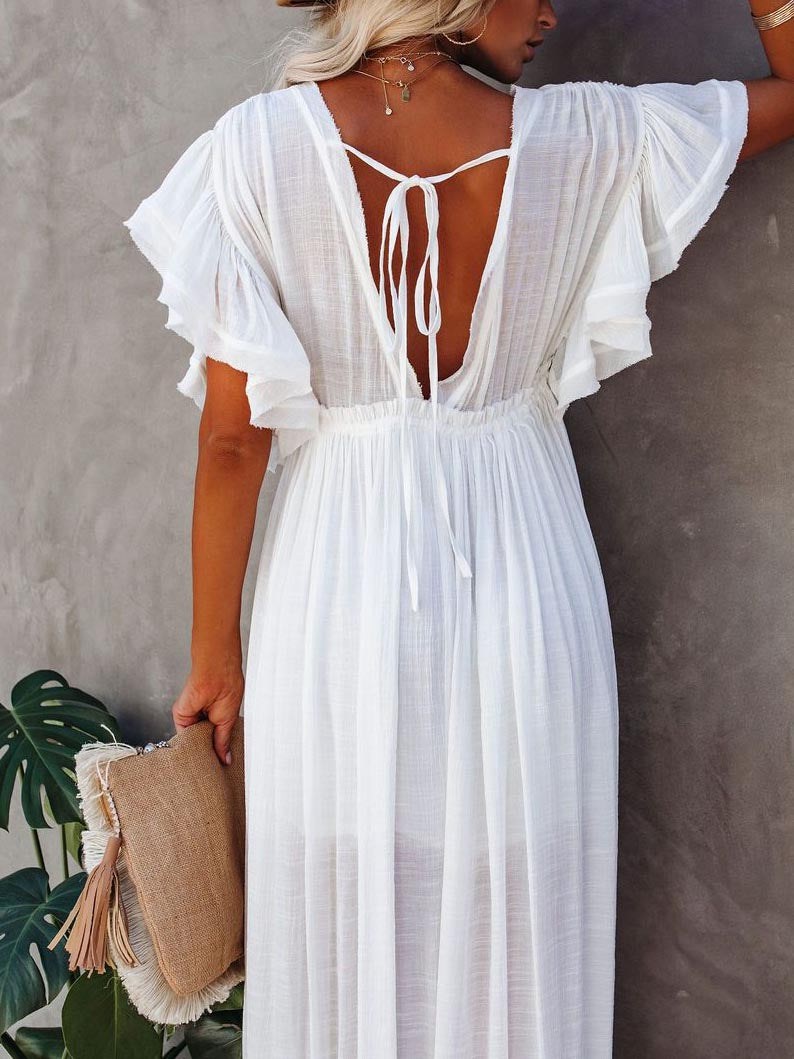 Ruffle Sleeve Deep V Neck Button Down Wide Maxi Dress