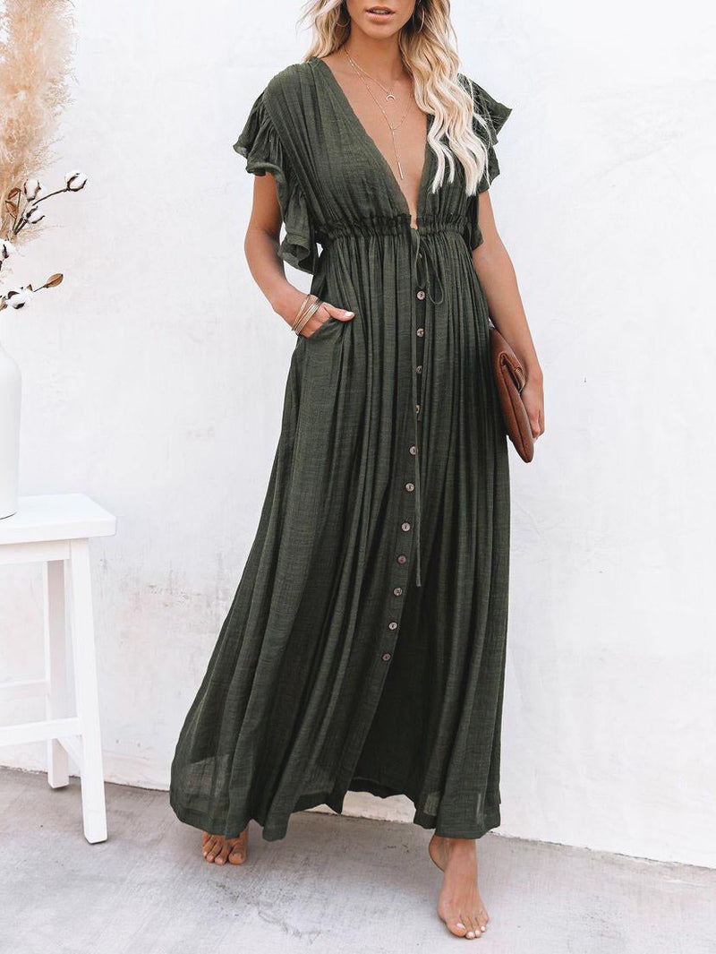 Ruffle Sleeve Deep V Neck Button Down Wide Maxi Dress