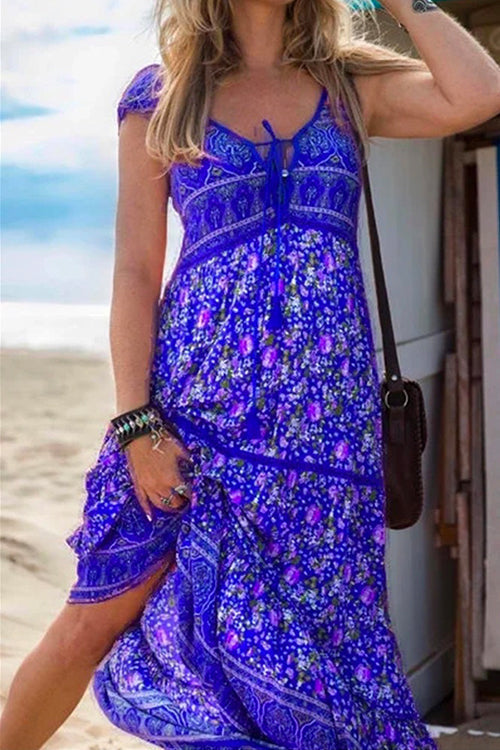 Tassel V Neck Bohemia Printed Maxi Beach Dress