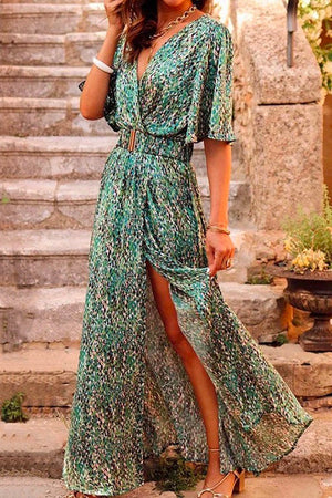 Wrap V Neck Flare Sleeve High Slit Maxi Printed Dress