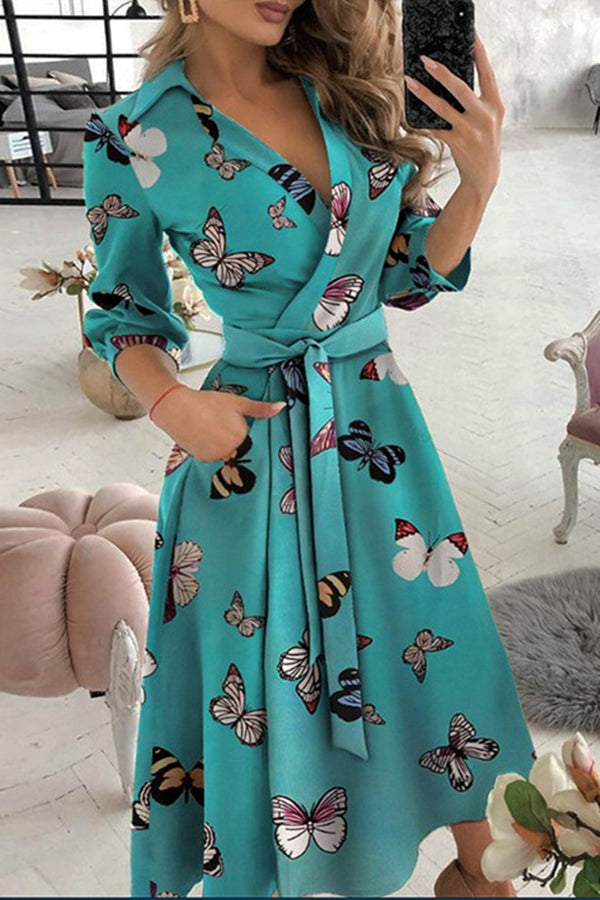 Find You Well Printed Belt Shirt Midi Dress