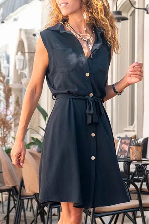 Robe Chemise Trapèze Sans Manches Taille Nouée Couleur Unie