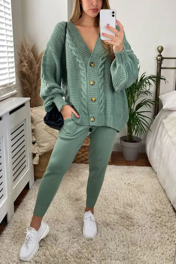 Cozy Island Pocketed Cable Knit Casual Loungewear Set