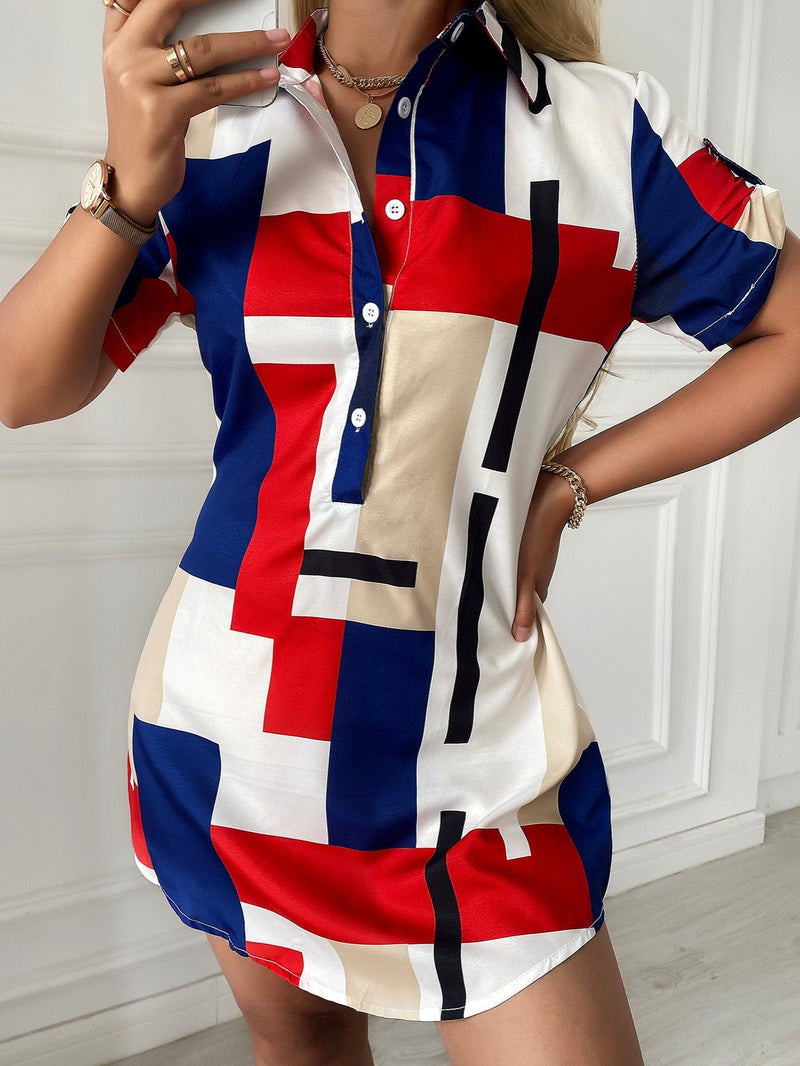 Multicolor Print Mondrian Short Sleeve Mini Dress