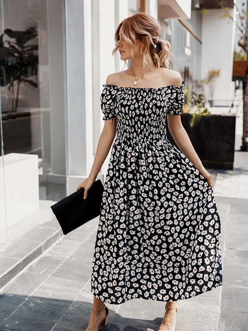 Robe Midi Floral Évasée à Épaules Dénudées