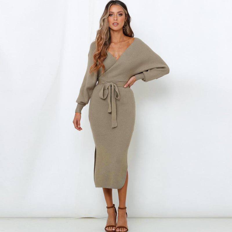 Robe Tricotée Sexy en Col V et Pull Mi-Long