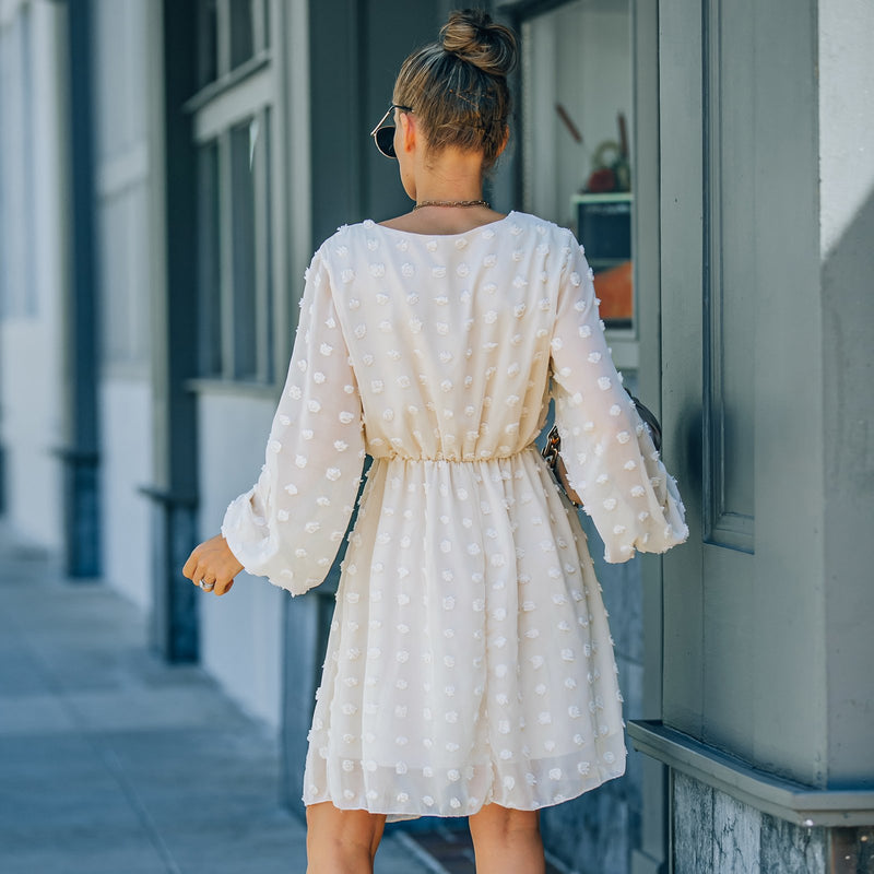 Robe Midi Manches Longues Col en V à Pois