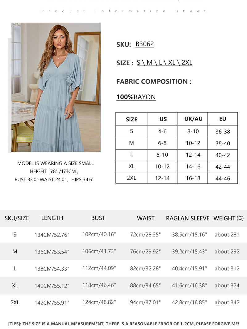 Elegant V-Neck Short Sleeve Solid Flared Maxi Dress